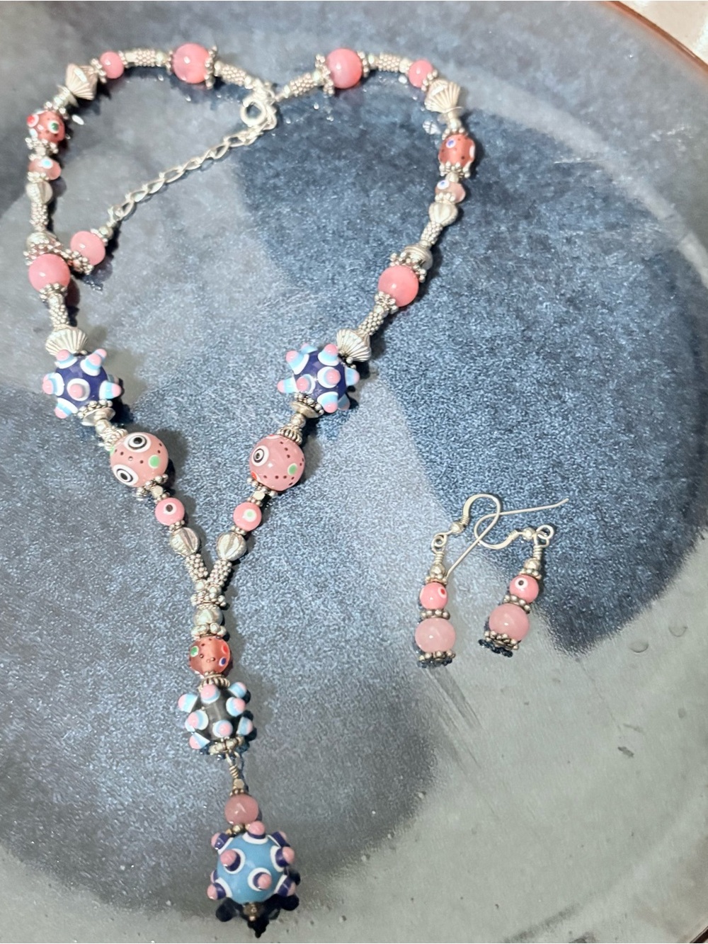 Handcrafted Pink Glass Bead Necklace & Earrings Set